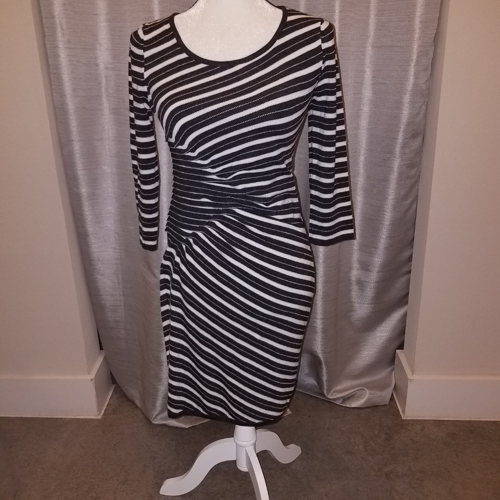 Grey and White Ruched Sweater Dress